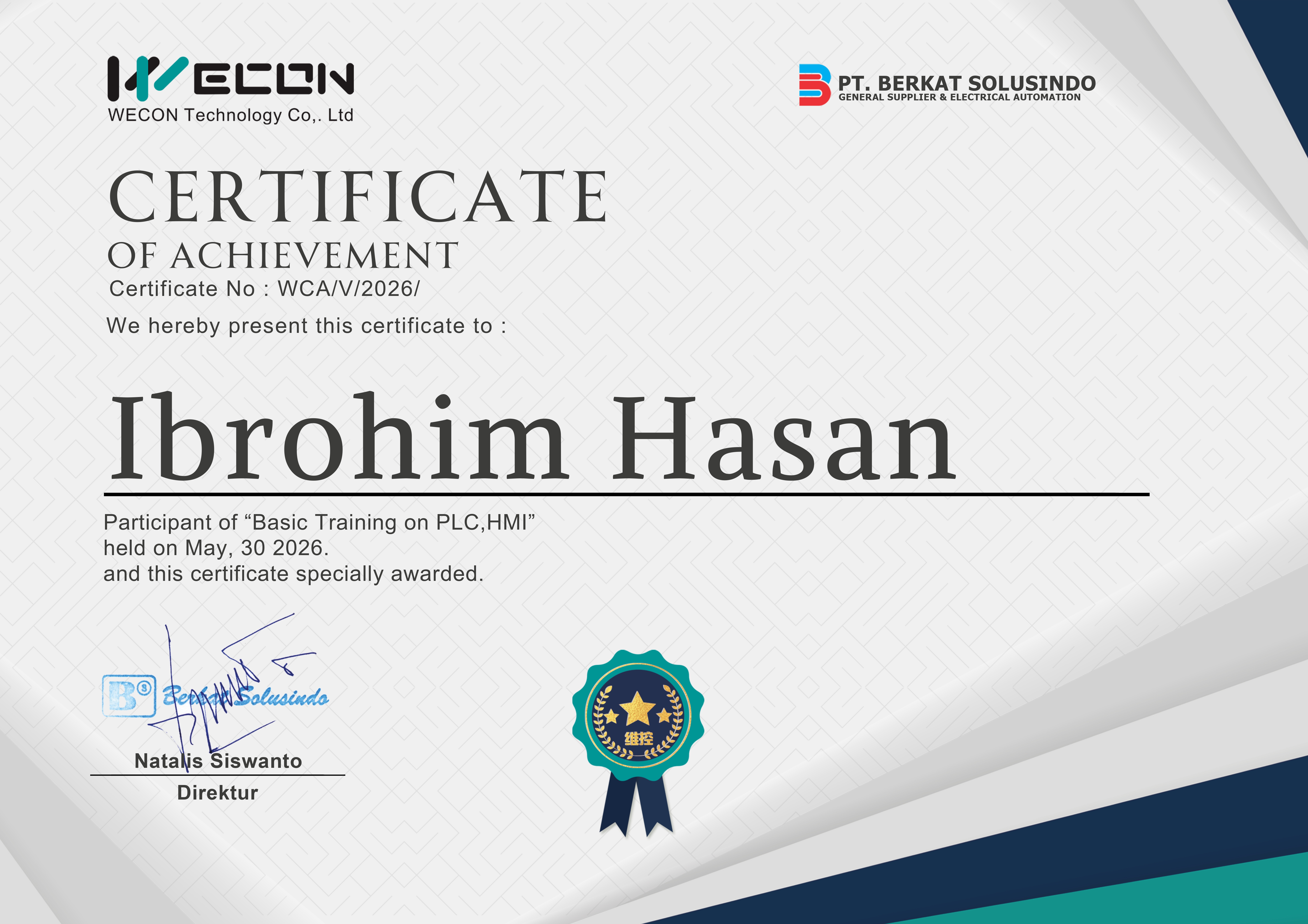 Wecon PLC and HMI certificate